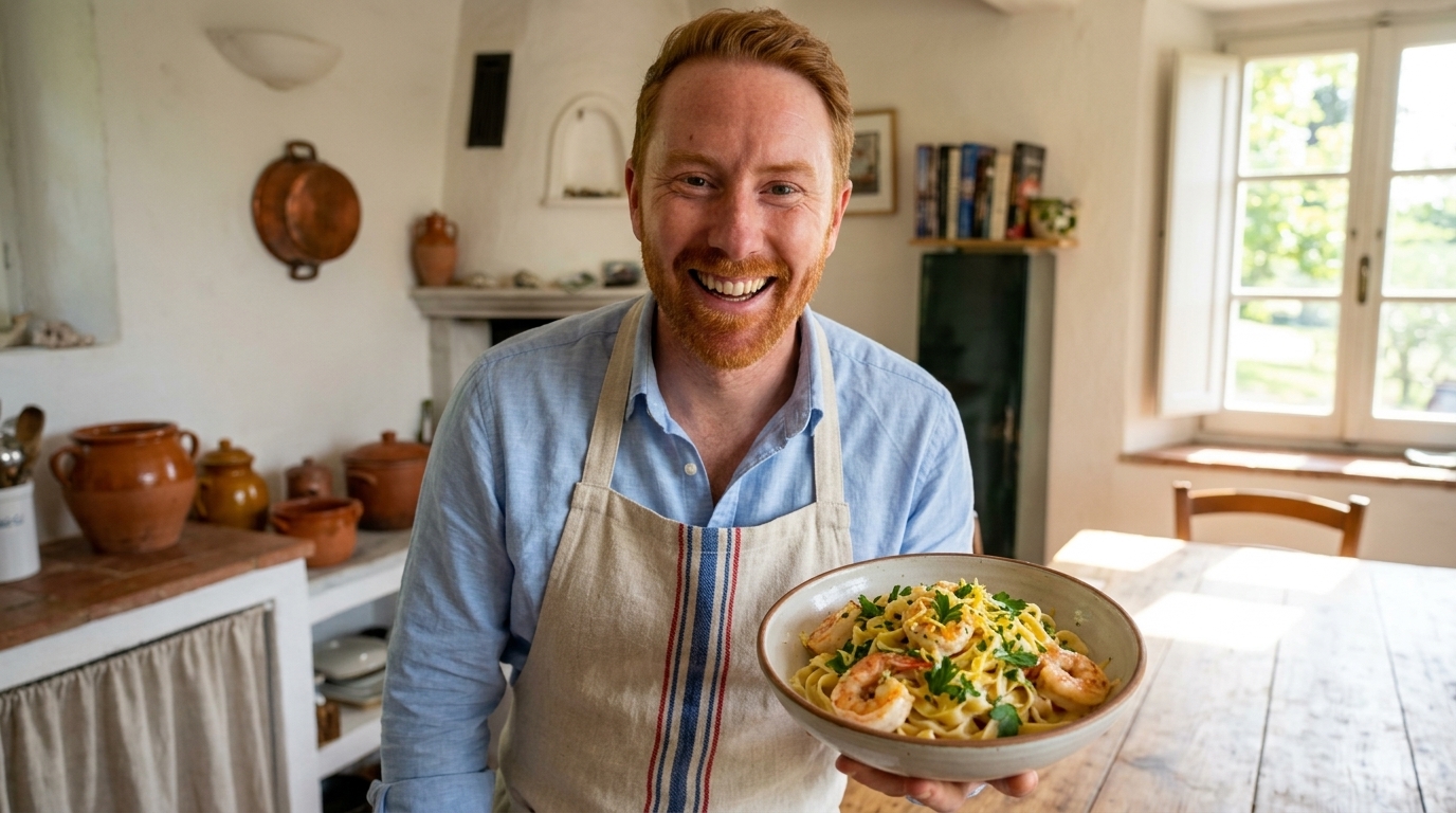 Chris Goodall cooking Tagliatelle ai Gamberi con Crème Fraîche e Limone
